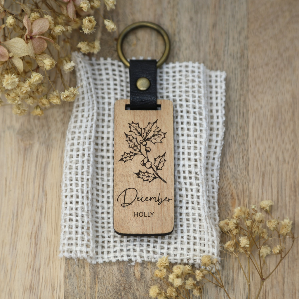 Engraved Wooden Birth Flower Keyring