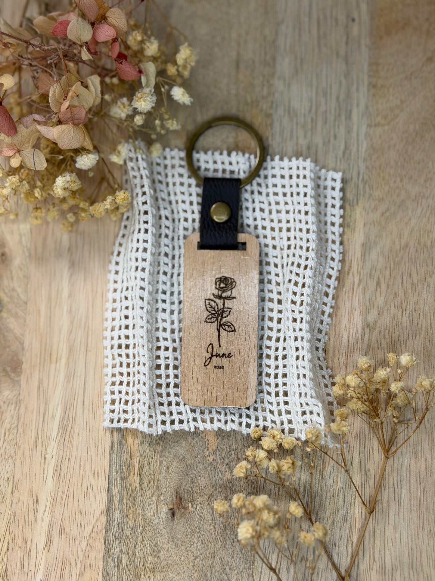 Engraved Wooden Birth Flower Keyring