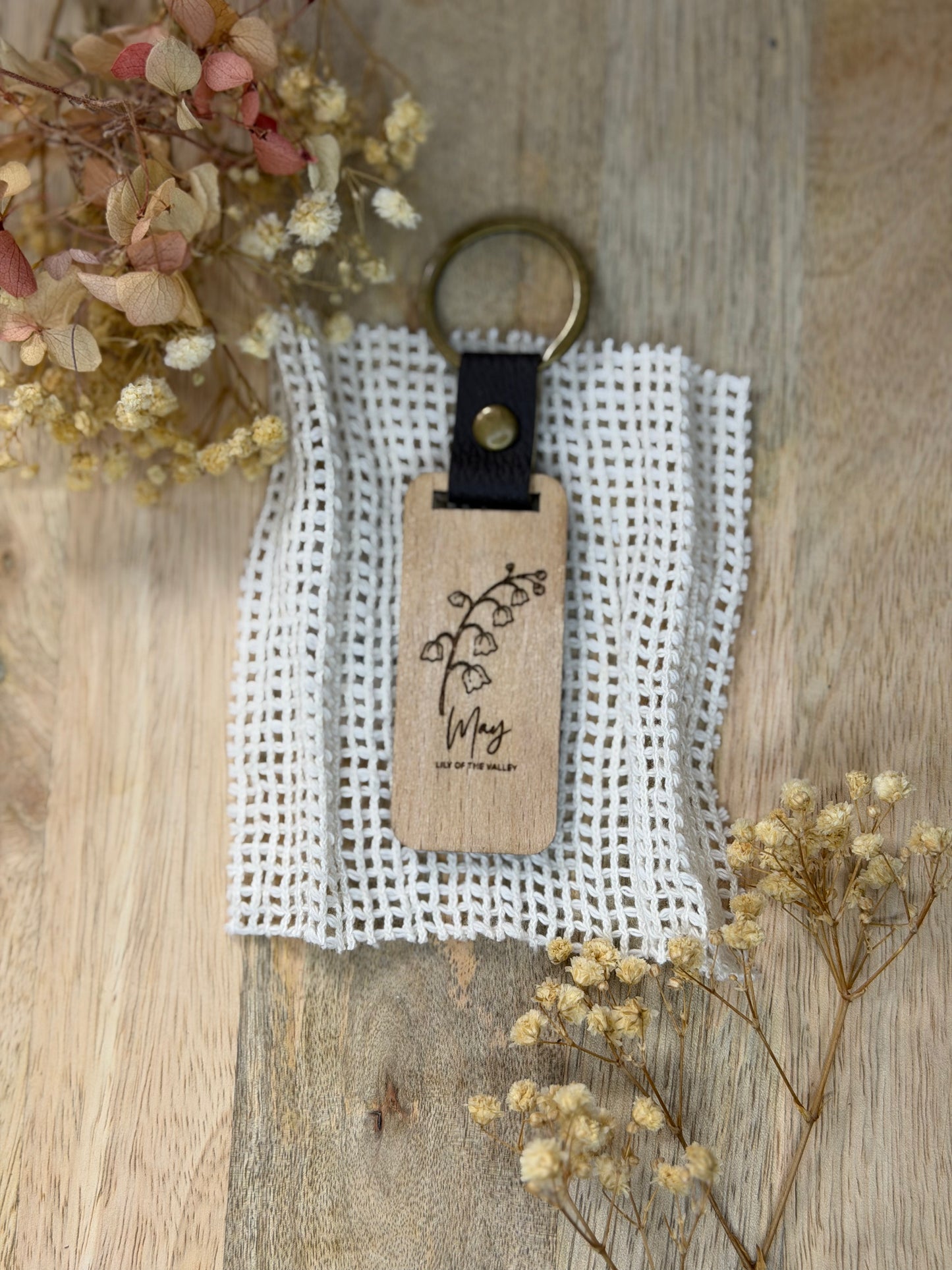 Engraved Wooden Birth Flower Keyring
