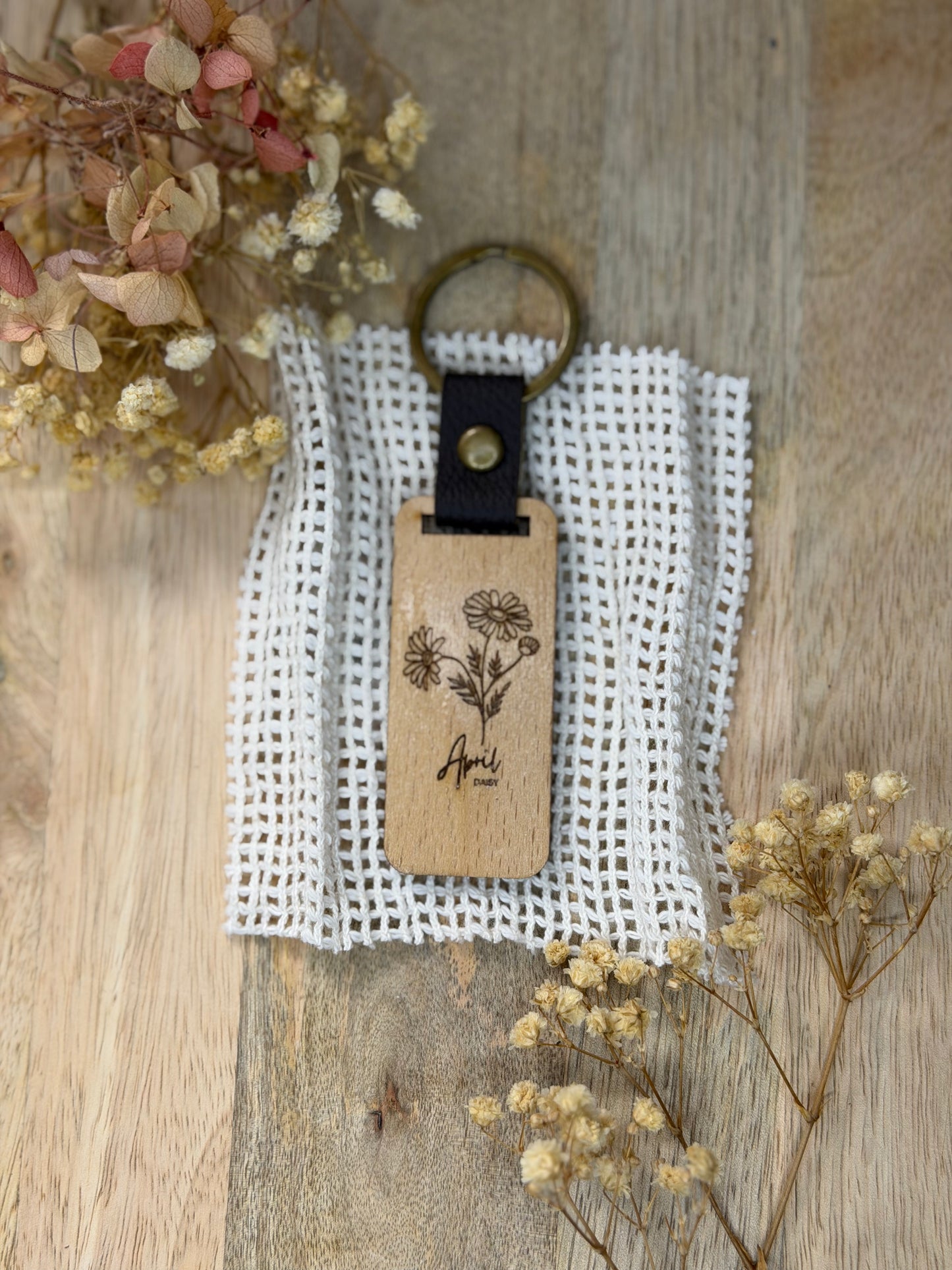 Engraved Wooden Birth Flower Keyring