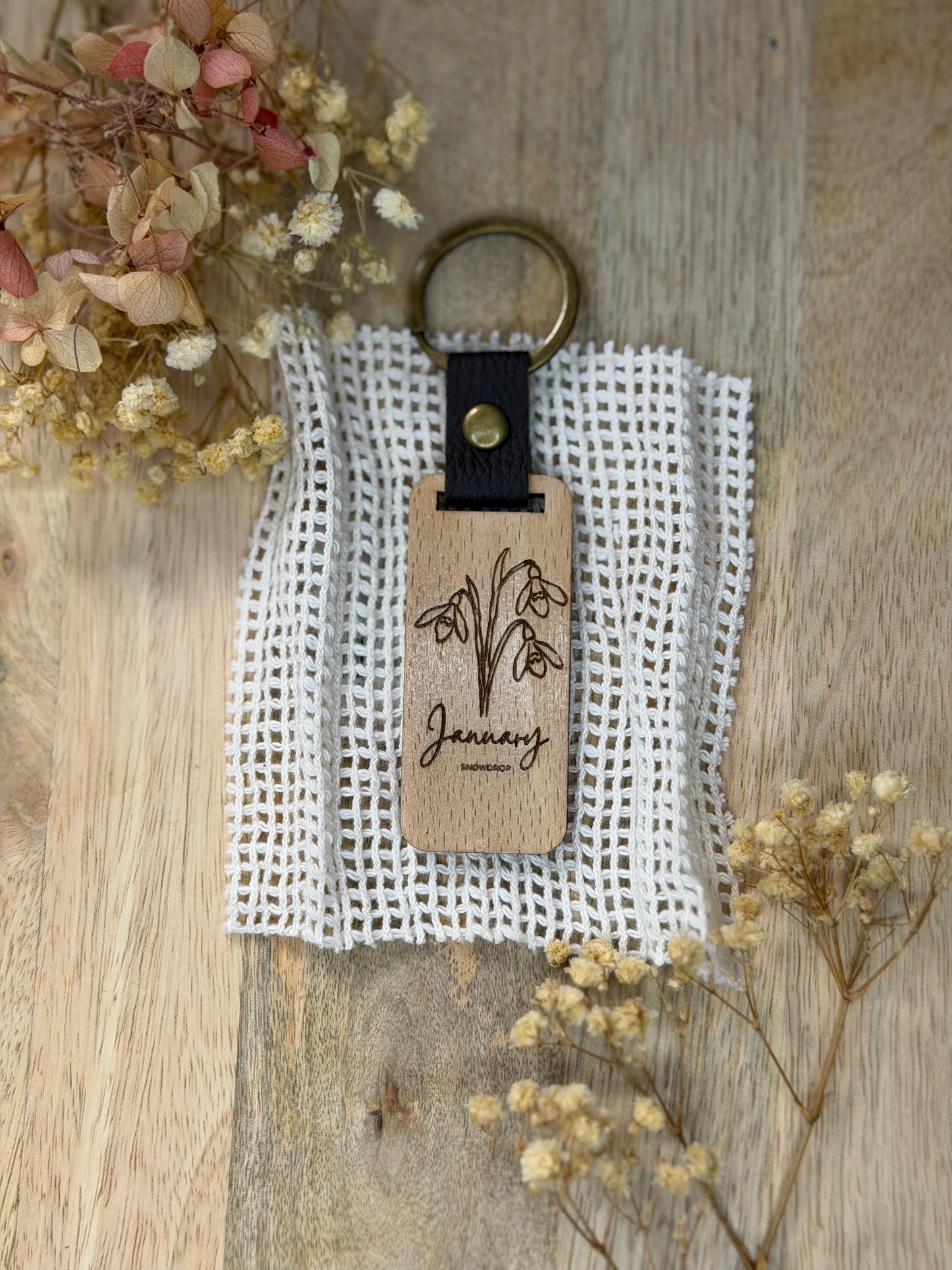 Engraved Wooden Birth Flower Keyring