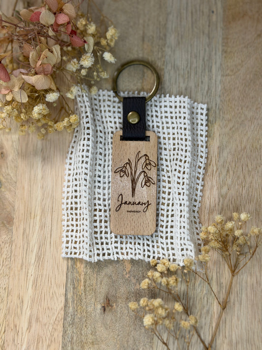Engraved Wooden Birth Flower Keyring