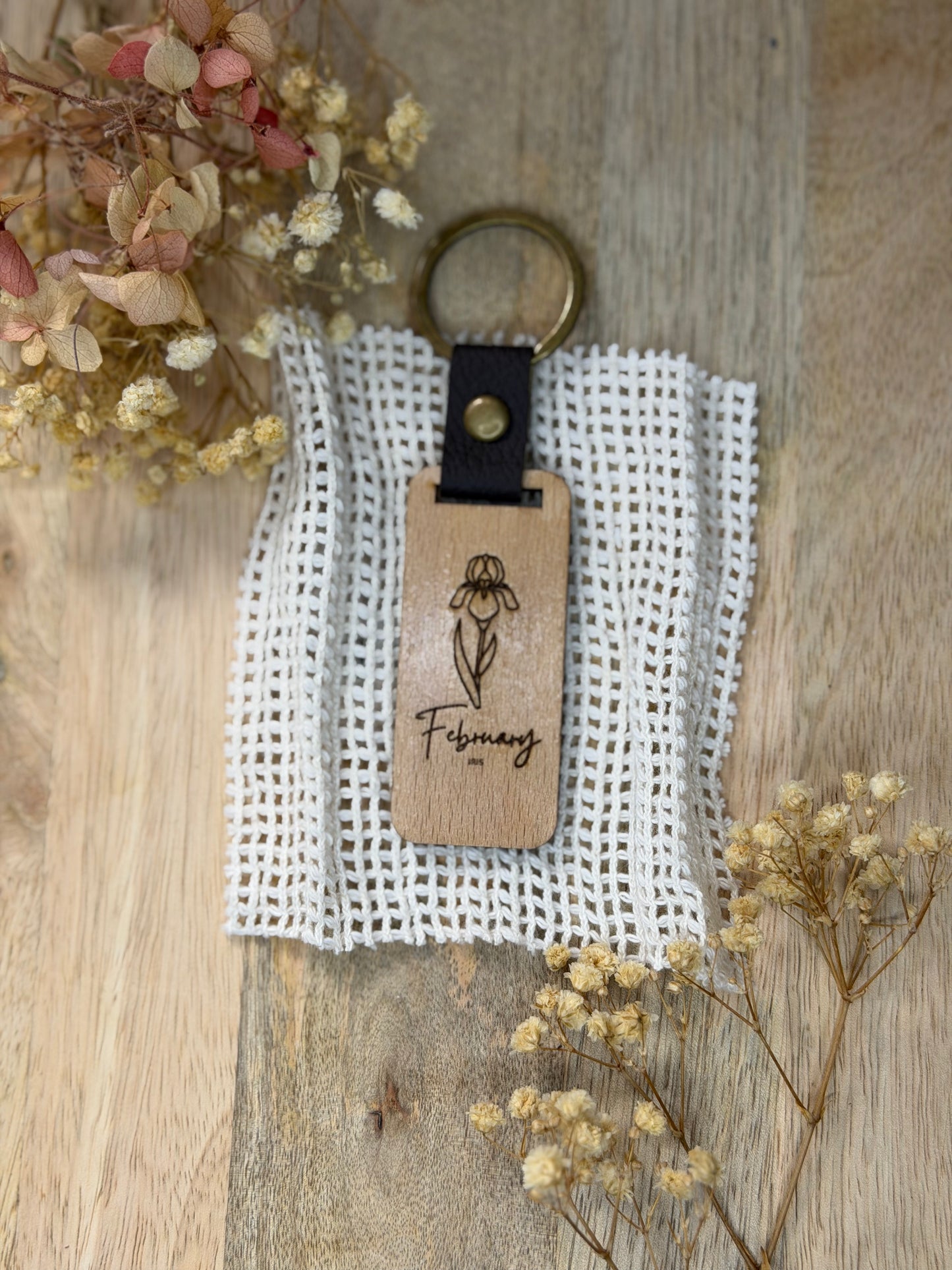Engraved Wooden Birth Flower Keyring