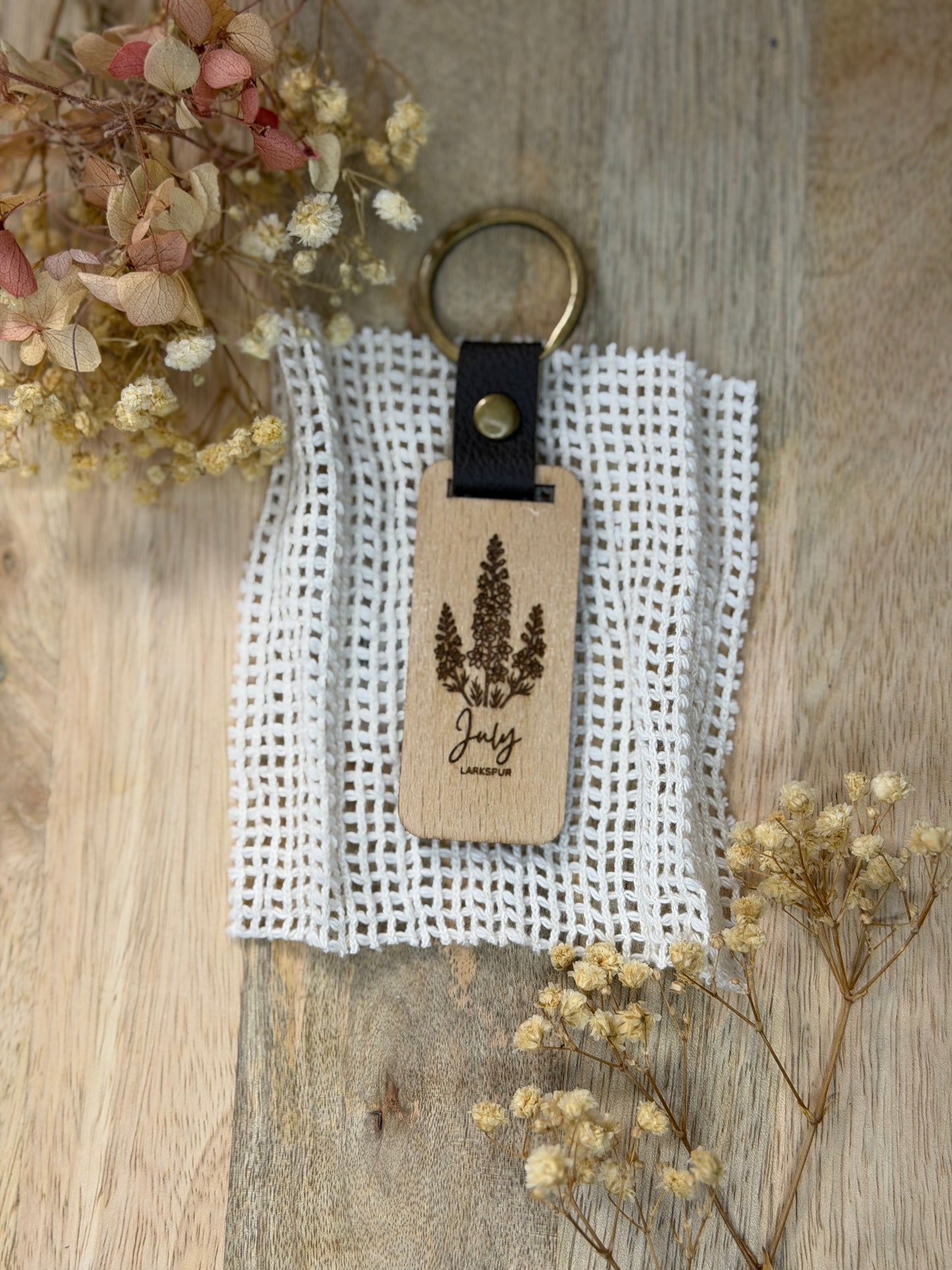 Engraved Wooden Birth Flower Keyring