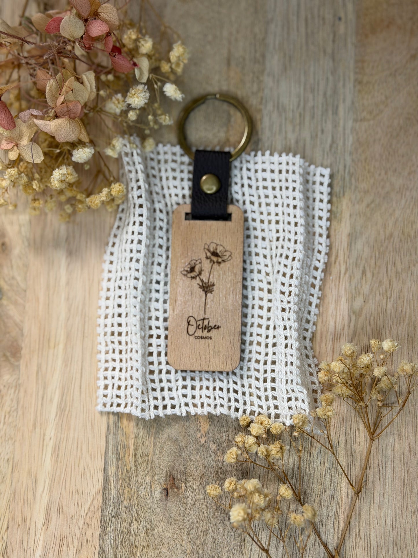 Engraved Wooden Birth Flower Keyring