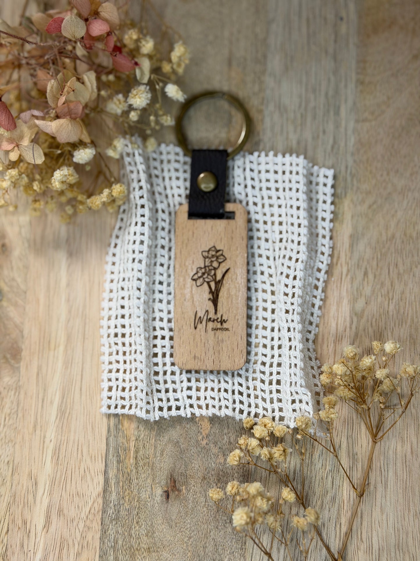 Engraved Wooden Birth Flower Keyring