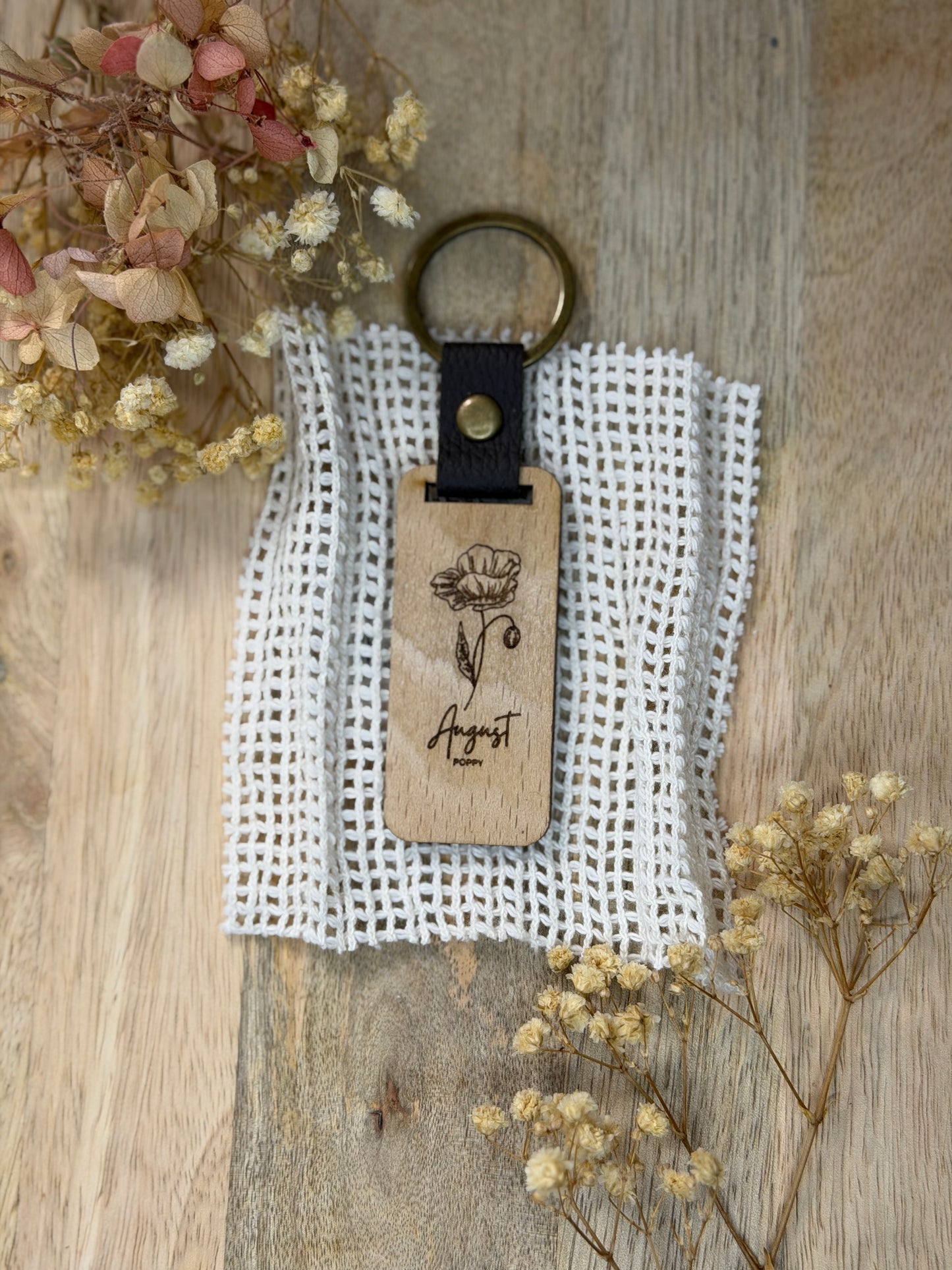 Engraved Wooden Birth Flower Keyring