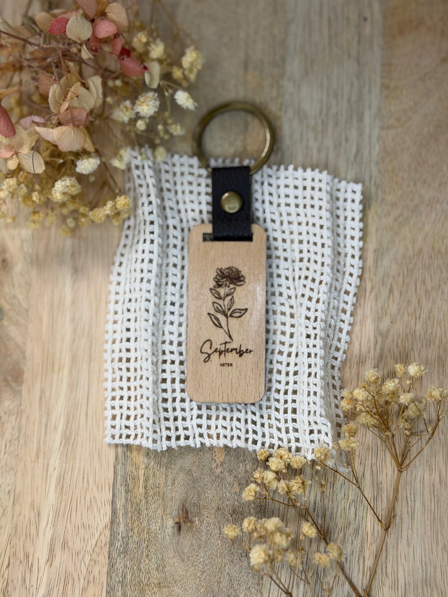 Engraved Wooden Birth Flower Keyring