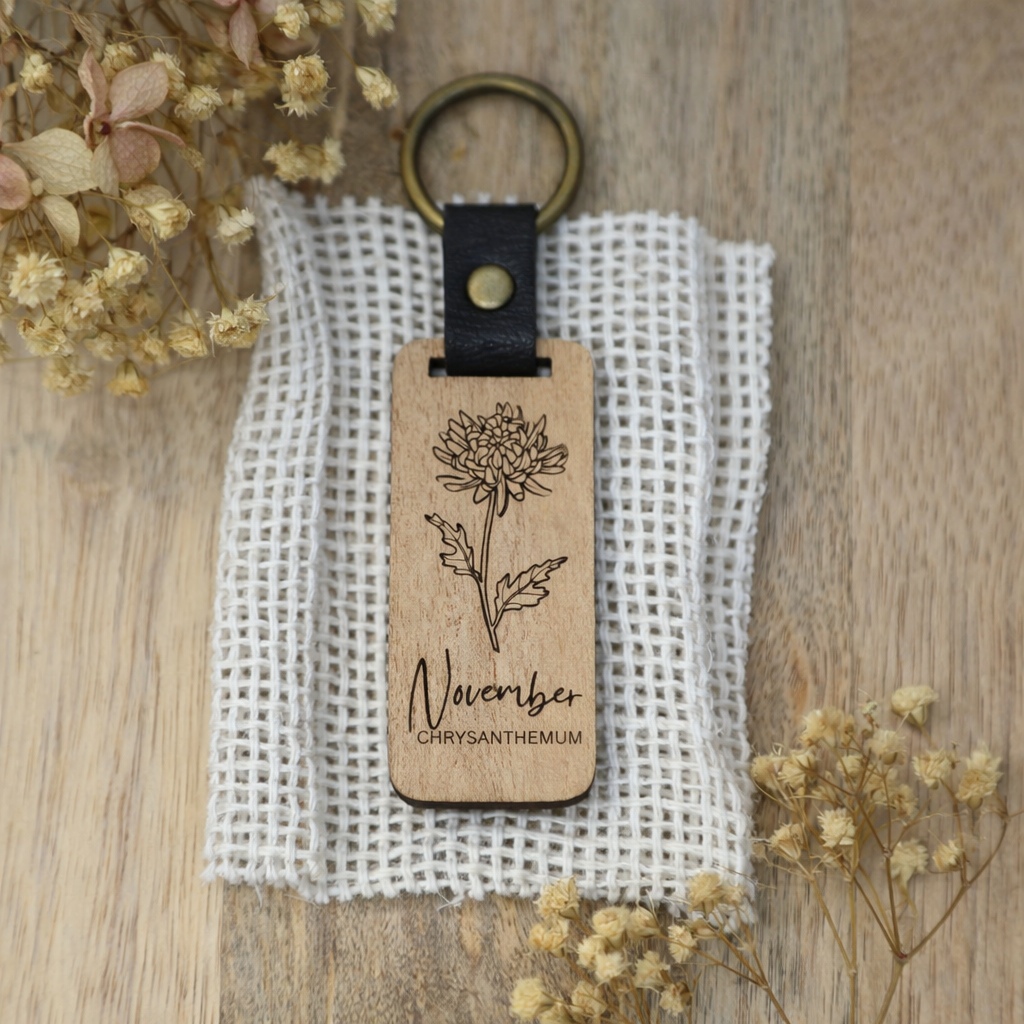 Engraved Wooden Birth Flower Keyring